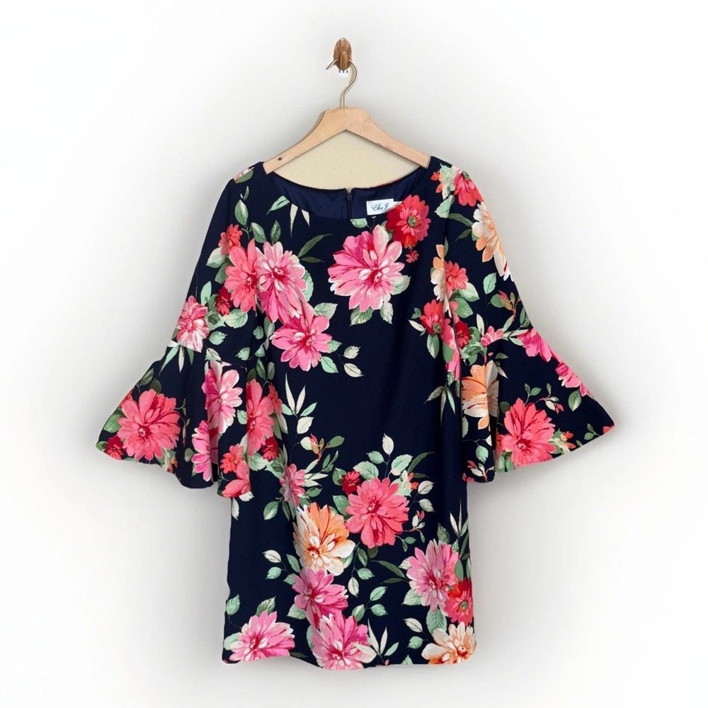 Eliza‎ J Shift Dress Womens 14 Navy Floral Bell Sleeve Knee Length Navy Church